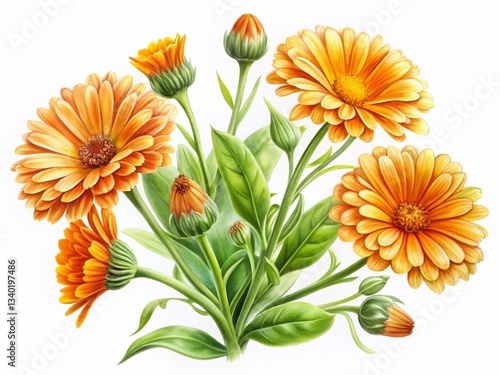 Hand-Drawn Watercolor Calendula Officinalis Branch with Marigold Flowers and Leaves, Tilt-Shift Photography