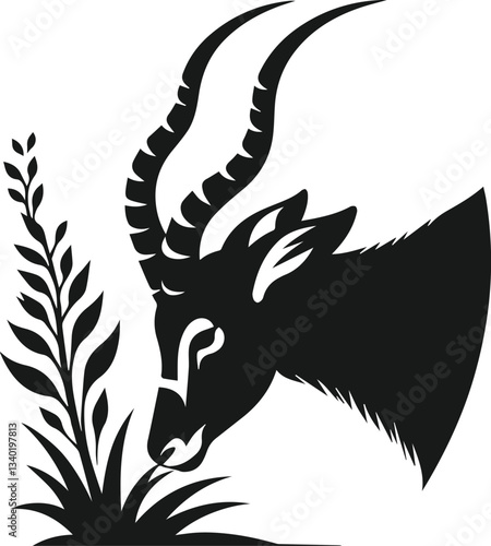 Vector image of an antelope sniffing at a plant before eating 