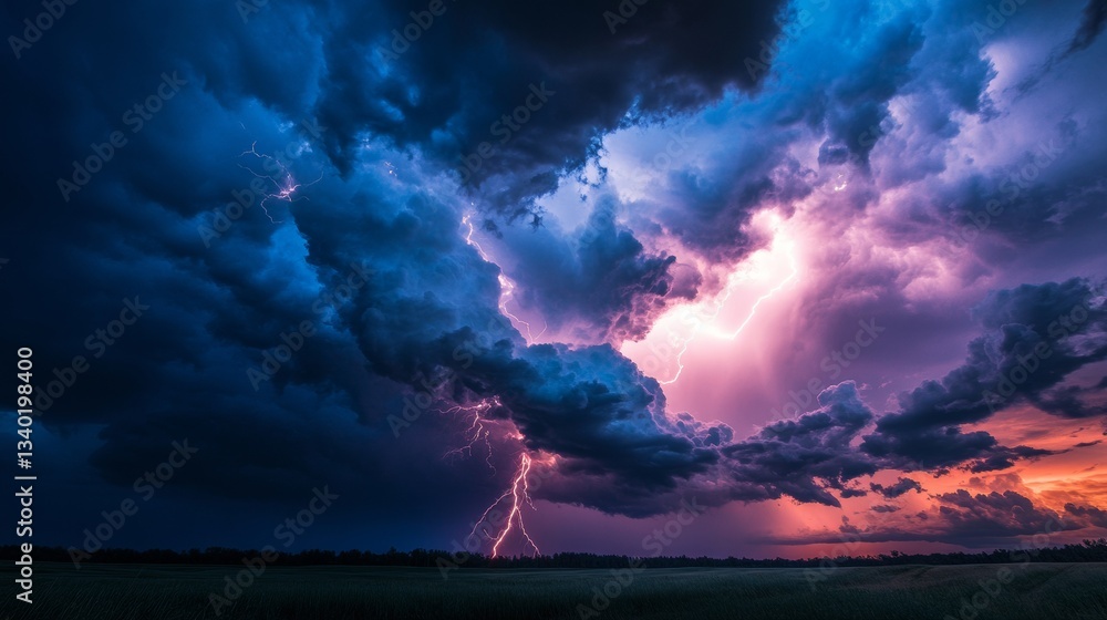 Fototapeta premium Dramatic lightning storm with vibrant clouds over field at sunset. Natural phenomenon