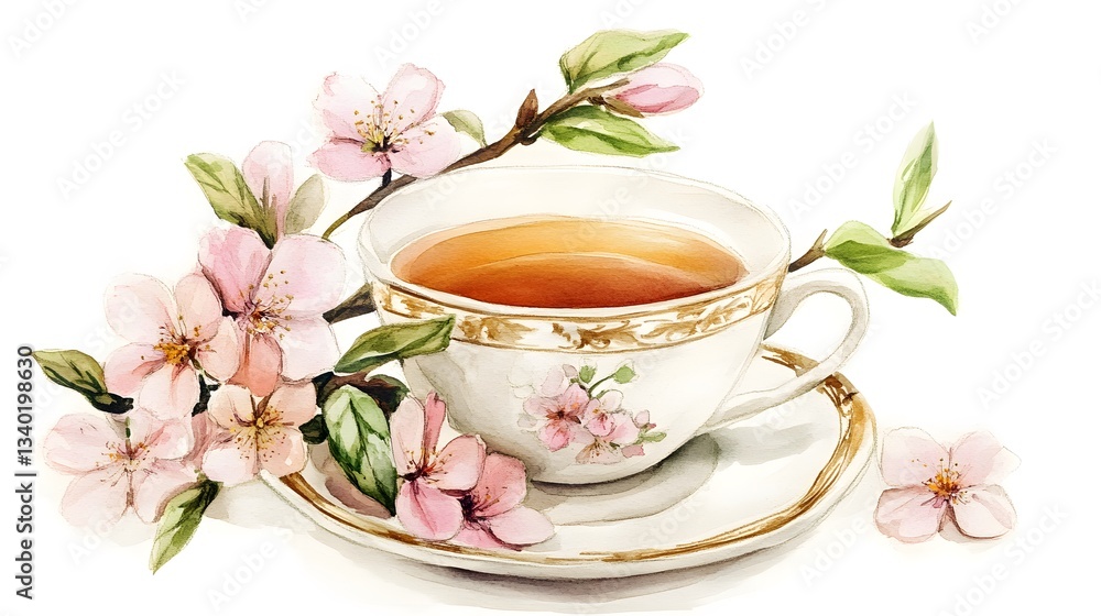 Watercolor Teacup with Spring Blossoms Watercolor Teacup with Spring Blossoms