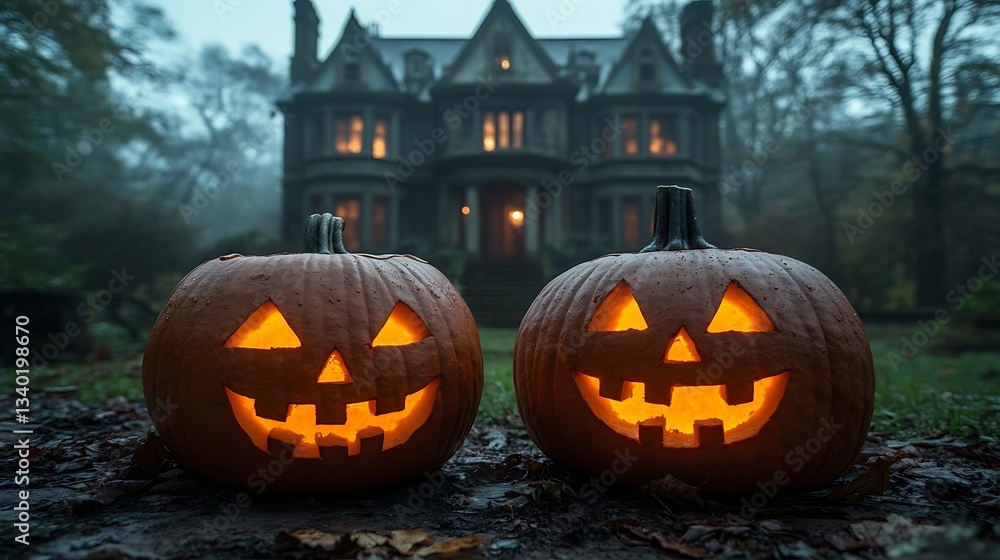 Lit jack-o'-lanterns before spooky mansion. Lit jack-o'-lanterns before spooky mansion.