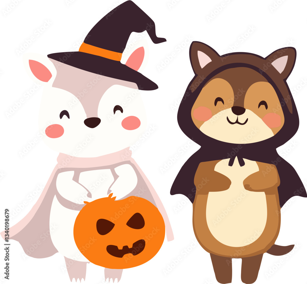 Fototapeta premium Cute Halloween Animals in Costume - Cartoon Style
