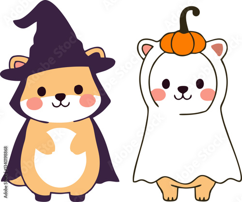 Cute Halloween Animals in Costume - Cartoon Style