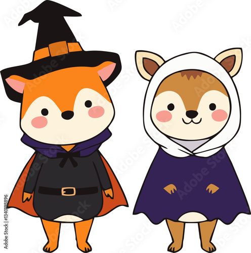 Cute Halloween Animals in Costume - Cartoon Style