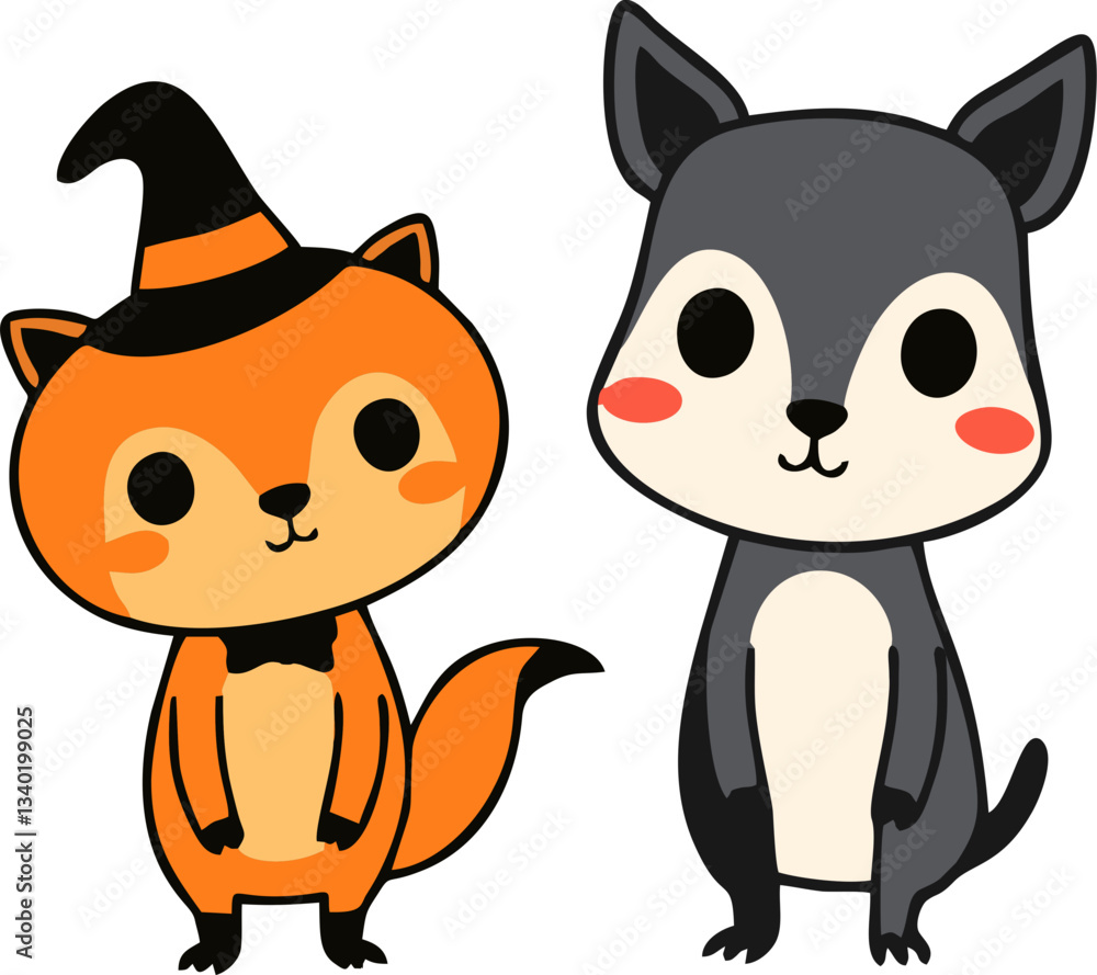 Naklejka premium Cute Halloween Animals in Costume - Cartoon Style