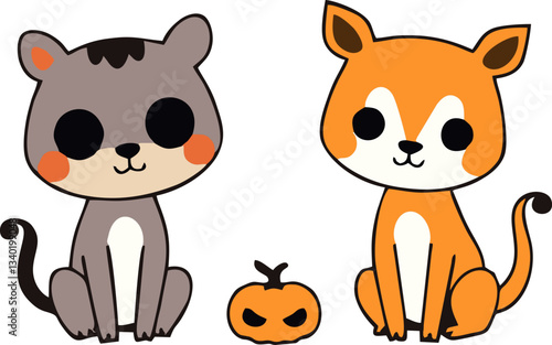 Cute Halloween Animals in Costume - Cartoon Style