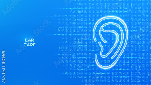 Ear icon. Otolaryngology. Ear Care. Diagnosis and treatment of hearing problems and deafness, audiology, hearing loss. Blue medical background made with cross shape symbol. Vector illustration.