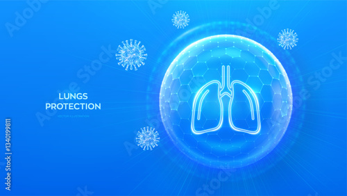 Lungs care. Virus protection. Antiviral protection of the lungs. Human respiratory system anatomy lungs organ icon inside protection sphere shield with hexagon pattern. Virus cell. Vector illustration
