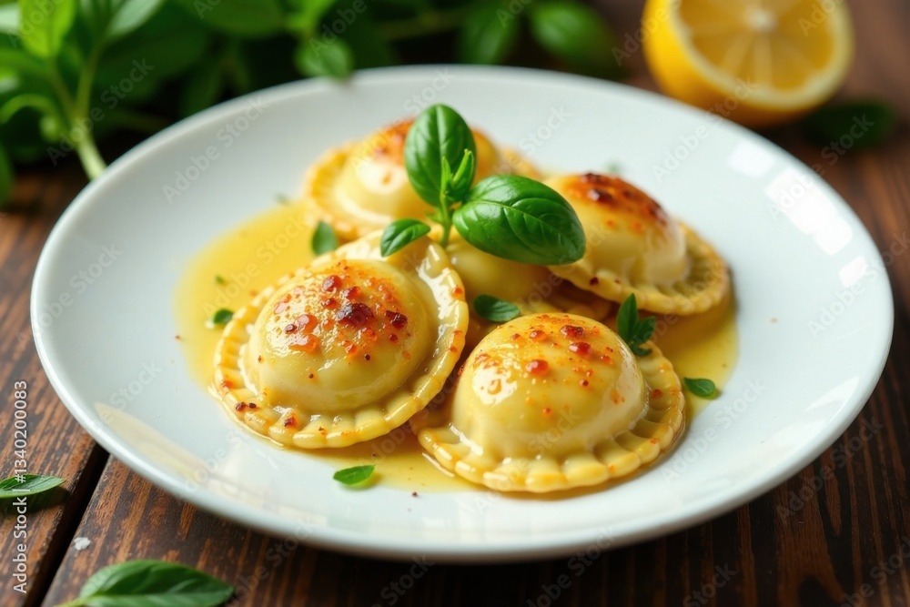 Golden-brown ravioli stuffed with soft ricotta and garnished with fragrant basil, served on a simple white plate amidst a bed of fresh herbs , Italian cuisine, gourmet food Golden-brown ravioli stuffed with soft ricotta and garnished with fragrant basil, served on a simple white plate amidst a bed of fresh herbs , Italian cuisine, gourmet food