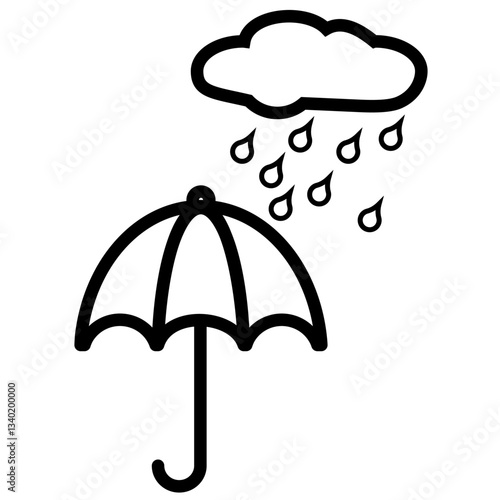 umbrella and rain drops. Line Art Umbrella Icon with Raindrops and Cloud