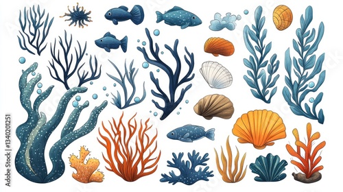 Wallpaper Mural Underwater marine life graphic elements. Various colorful corals, seaweeds, shells, and fish Torontodigital.ca
