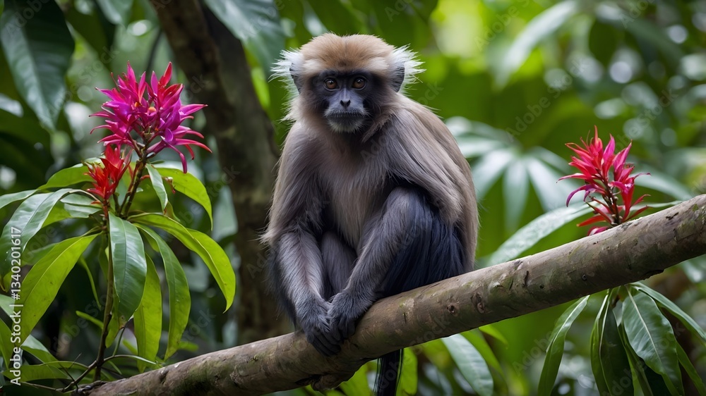 Fototapeta premium Calm in the Canopy: A Purple-faced Langur in Its Lush Tropical Habitat