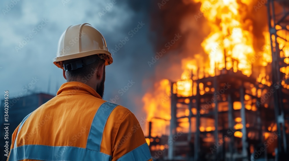 Construction Worker Observing Blaze at Industrial Site with Flames and Smoke Rising from Building Structure Construction Worker Observing Blaze at Industrial Site with Flames and Smoke Rising from Building Structure