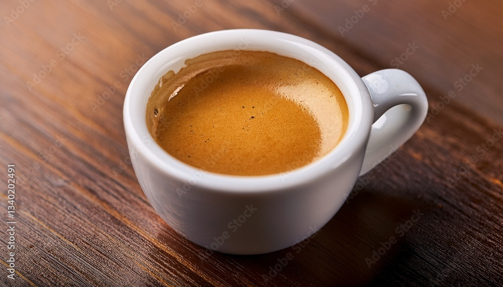 Espresso Shot on Wooden Surface: A close-up shot of a perfect espresso, the rich crema shimmering atop the dark coffee in a simple, elegant white cup resting on a warm wooden surface. Espresso Shot on Wooden Surface: A close-up shot of a perfect espresso, the rich crema shimmering atop the dark coffee in a simple, elegant white cup resting on a warm wooden surface.