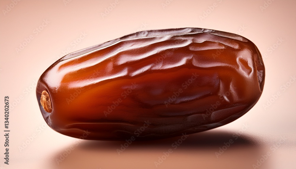 Obraz premium The Allure of Dates: A close-up shot of a single, plump date. revealing its rich, caramel-like hue and the intricate textures that define its appeal.
