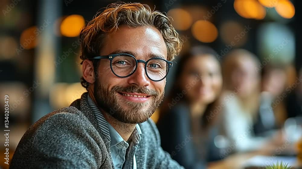 Smiling man in glasses at a social gathering, with blurred friends and warm ambient lighting Smiling man in glasses at a social gathering, with blurred friends and warm ambient lighting