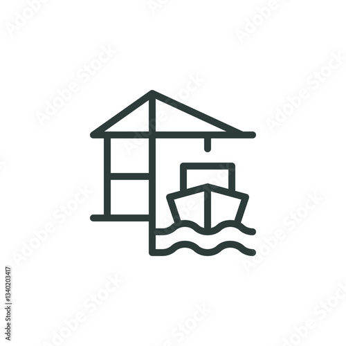 Cargo port, harbor, harbor dock, seaport outline icon. Line sign of port crane and ship. Vector isolated pictogram for web and app on white background editable stroke.