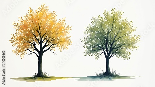 Two Watercolor Trees Autumn and Spring