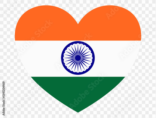 Heart shaped icon featuring the India flag, isolated on a transparent PNG background. Perfect for digital projects, showcasing the iconic saffron, white, and green flag with the Ashoka Chakra.vector