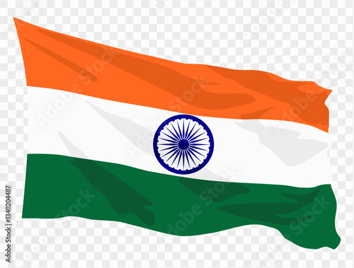 Waving India flag isolated on transparent PNG background. Perfect for designs, showcasing the iconic saffron, white, and green flag with the Ashoka Chakra symbol. vector