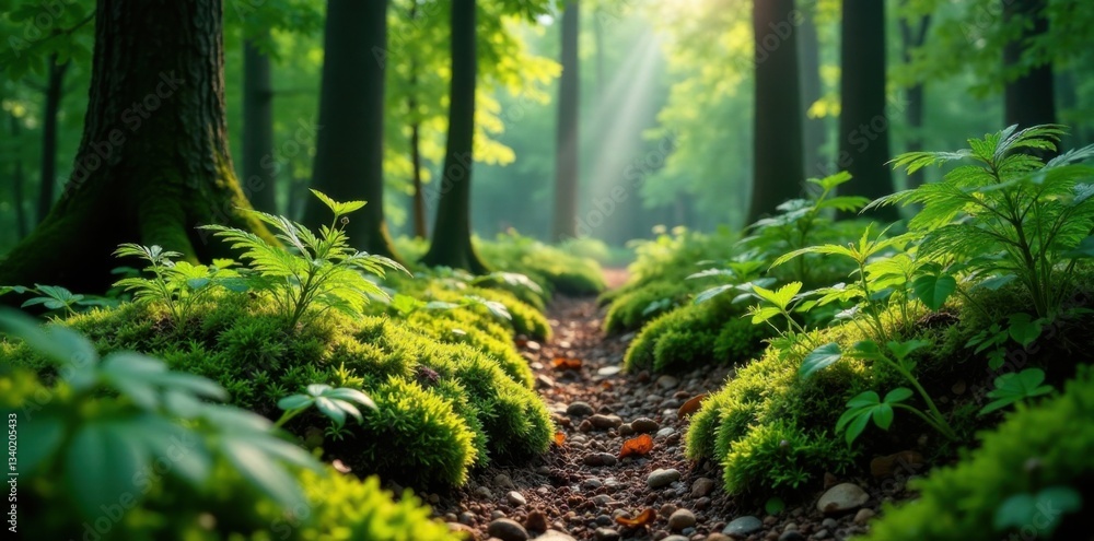 Fototapeta premium Forest floor carpeted with moss and ferns, with sunlight filtering through leaves , undergrowth, organic, nature