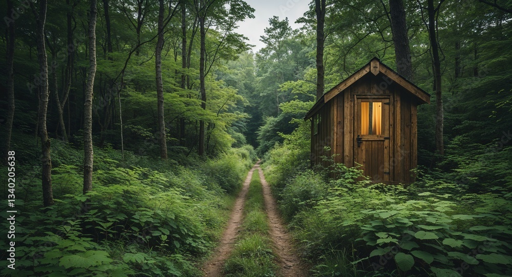 Overgrown Forest Path Leading to a Hidden Wooden Outhouse Overgrown Forest Path Leading to a Hidden Wooden Outhouse