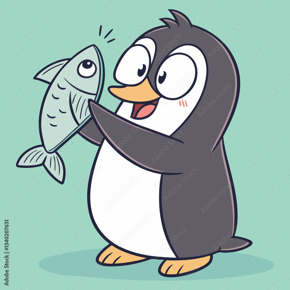 Fototapeta premium Penguin excitedly holds a fish with joy in a playful cartoon style