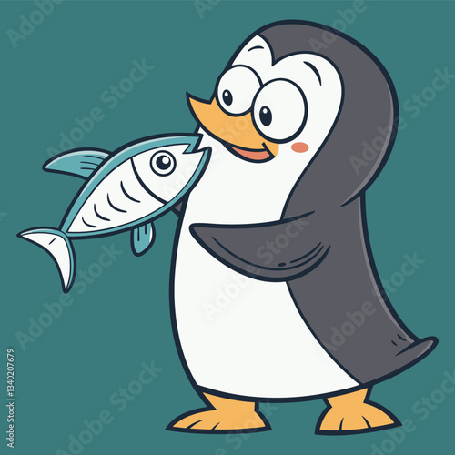 Penguin excitedly holds a fish with joy in a playful cartoon style