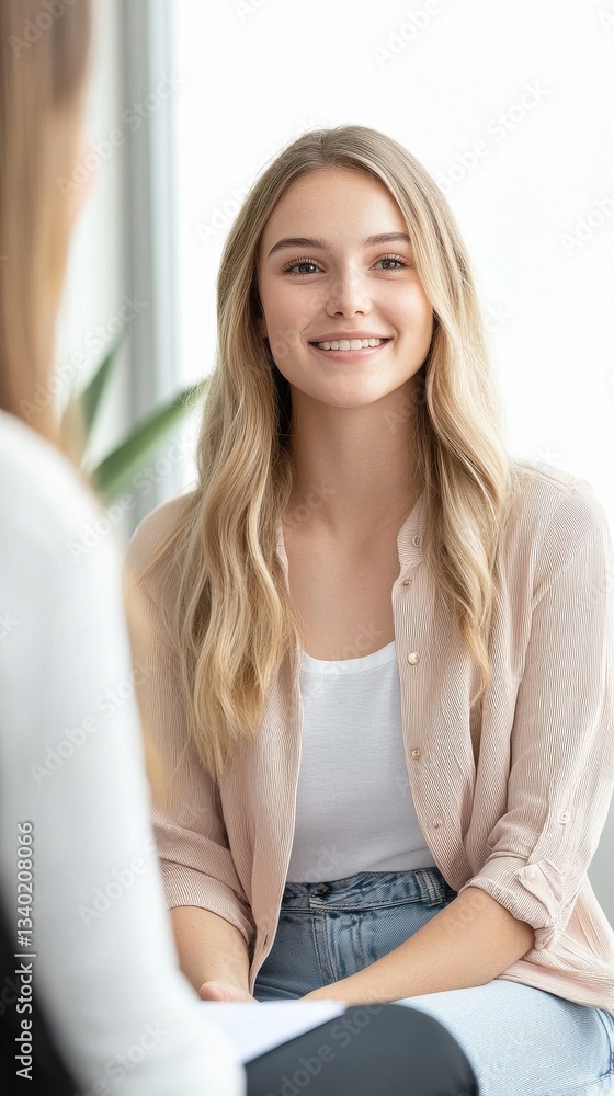 Young Woman Smiling During a Friendly Conversation in Bright Room Young Woman Smiling During a Friendly Conversation in Bright Room