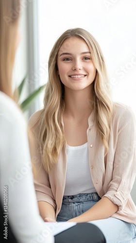 Young Woman Smiling During a Friendly Conversation in Bright Room Free Download Young Woman Smiling During a Friendly Conversation in Bright Room - GFXLoad