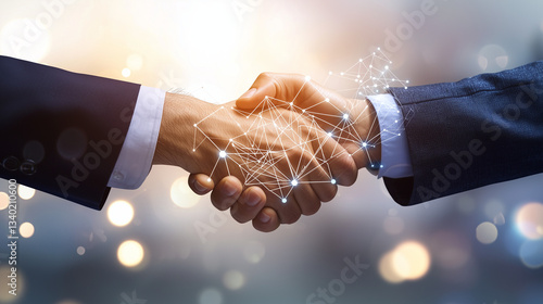 Two businessmen shake hands, a digital network connecting them, symbolizing a strategic partnership, collaboration, and business growth