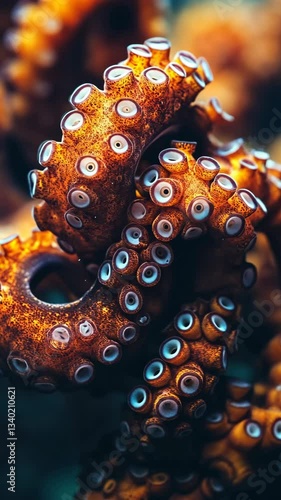 Captivating underwater close-up of a vibrant octopus displaying intricate texture and color in its natural habitat