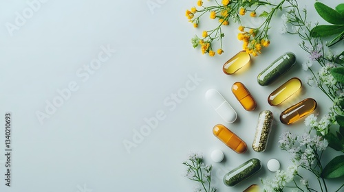 Wallpaper Mural Various medicine pills surrounded by foliage and flowers on white Torontodigital.ca