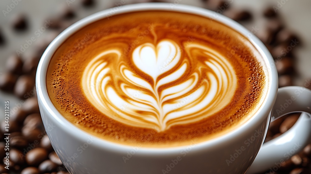 Latte art in a white cup, surrounded by coffee beans. Latte art in a white cup, surrounded by coffee beans.