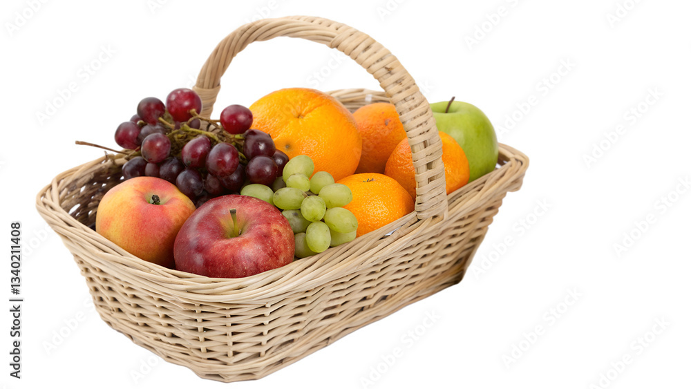 Different fresh fruits in wicker basket isolated on white background. Different fresh fruits in wicker basket isolated on white background.