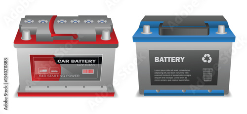 Set illustration of two different types of car batteries, one with a red top and another with a blue top. The red-top battery is labeled as a "Car Battery" with 12V 63Ah capacity and 610 starting