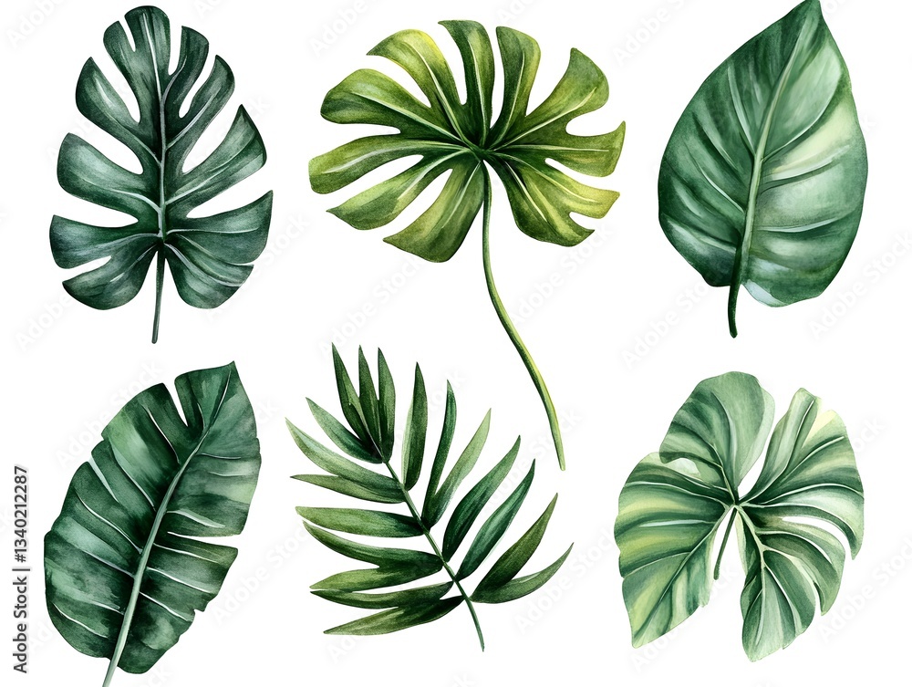 Fototapeta premium Watercolor Tropical Leaves Monstera Palm Exotic Foliage