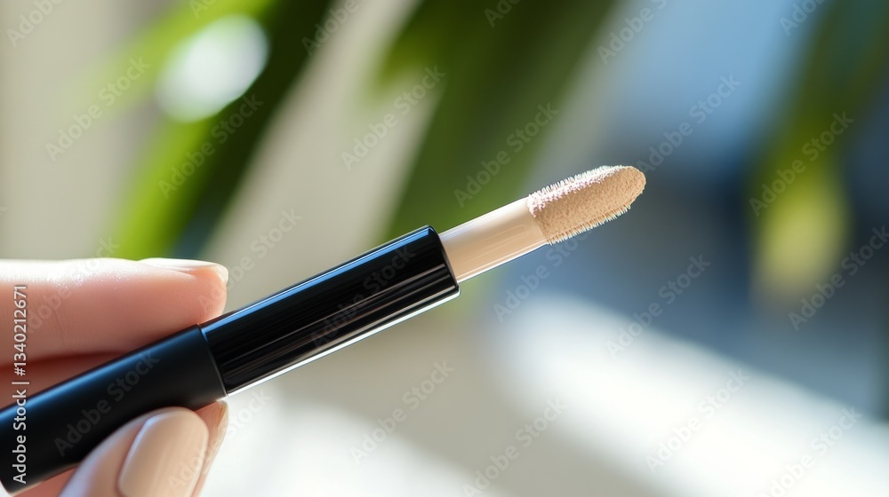 Naklejka premium 56.A close-up of a graceful hand holding a sleek concealer tube, the creamy product slightly visible at the tip, with a soft blurred background.