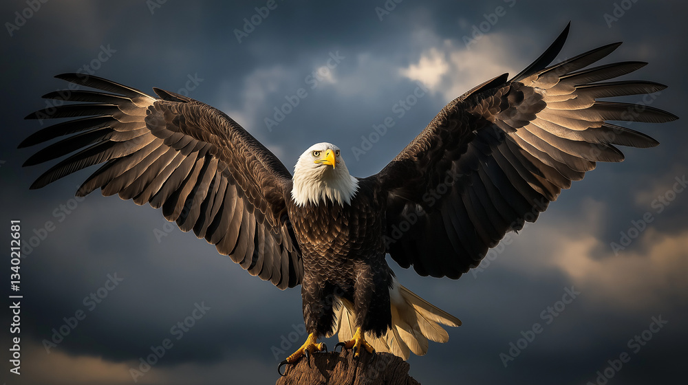 Fototapeta premium eagle landing moment with a dark cloud background. 