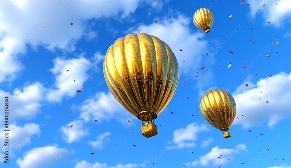 Fototapeta premium Three golden hot air balloons ascend a vibrant blue sky scattered with confetti, creating a celebratory atmosphere.