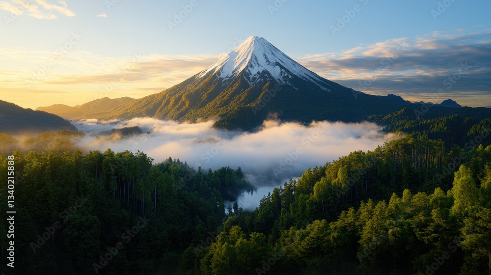 Expansive mountain landscape showcasing a snow-capped peak overlooking a majestic forest below under clear skies Expansive mountain landscape showcasing a snow-capped peak overlooking a majestic forest below under clear skies