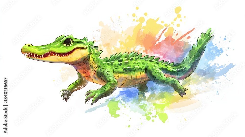 Obraz premium Illustrated green alligator depicted on a colorful background splash