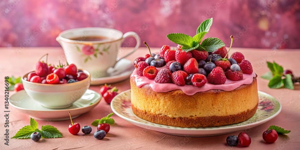 Homemade Cherry Cake with Berries & Tea on Pink - Pastel Stock Photo Homemade Cherry Cake with Berries & Tea on Pink - Pastel Stock Photo
