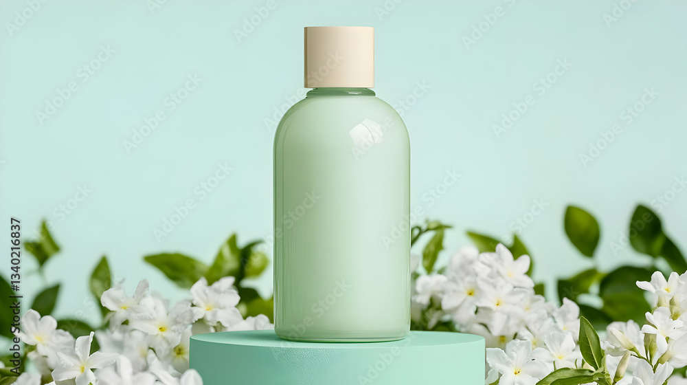 Minimalist presentation of gentle green cosmetic bottle with floral accents Minimalist presentation of gentle green cosmetic bottle with floral accents
