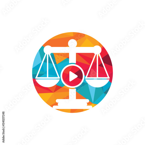 Creative play media law firm vector logo design. Scales and record symbol or icon.	