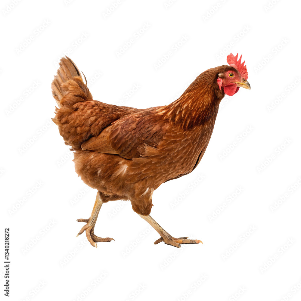 Fototapeta premium Beautiful Brown Hen Walking Isolated on White Background