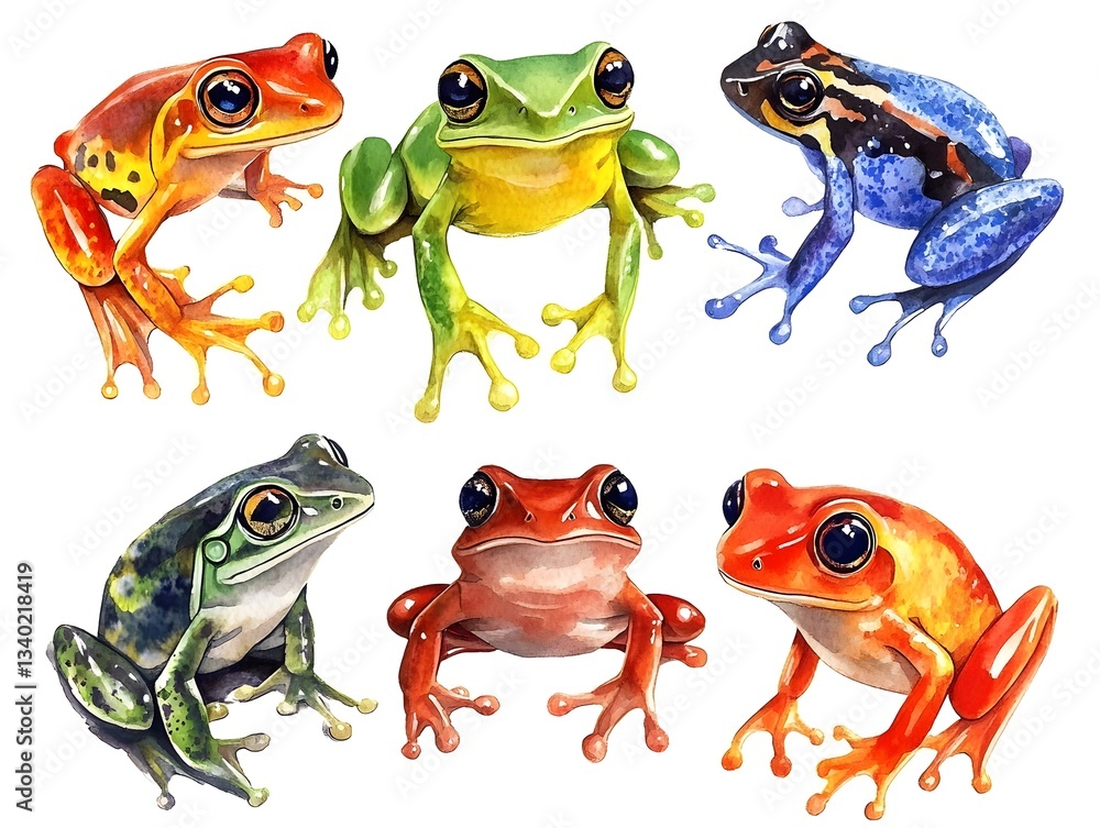 Naklejka premium Vibrant Watercolor Frogs Red Green Blue Collection