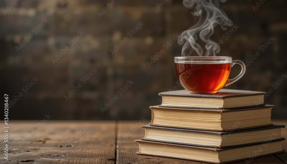 Naklejka premium Hot Tea & Books on Wooden Table - Cozy/Hygge