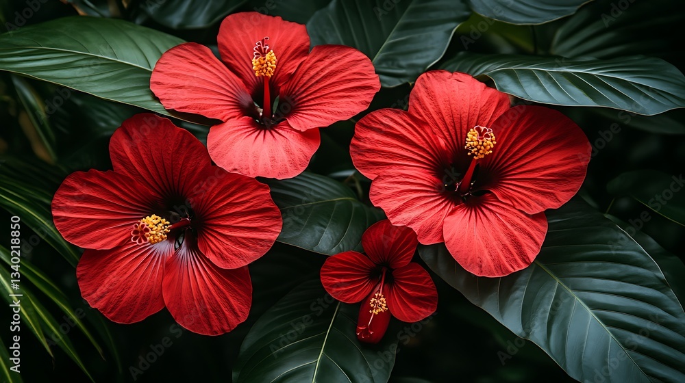 Obraz premium Lush red hibiscus flowers bloom amongst dark green tropical leaves.