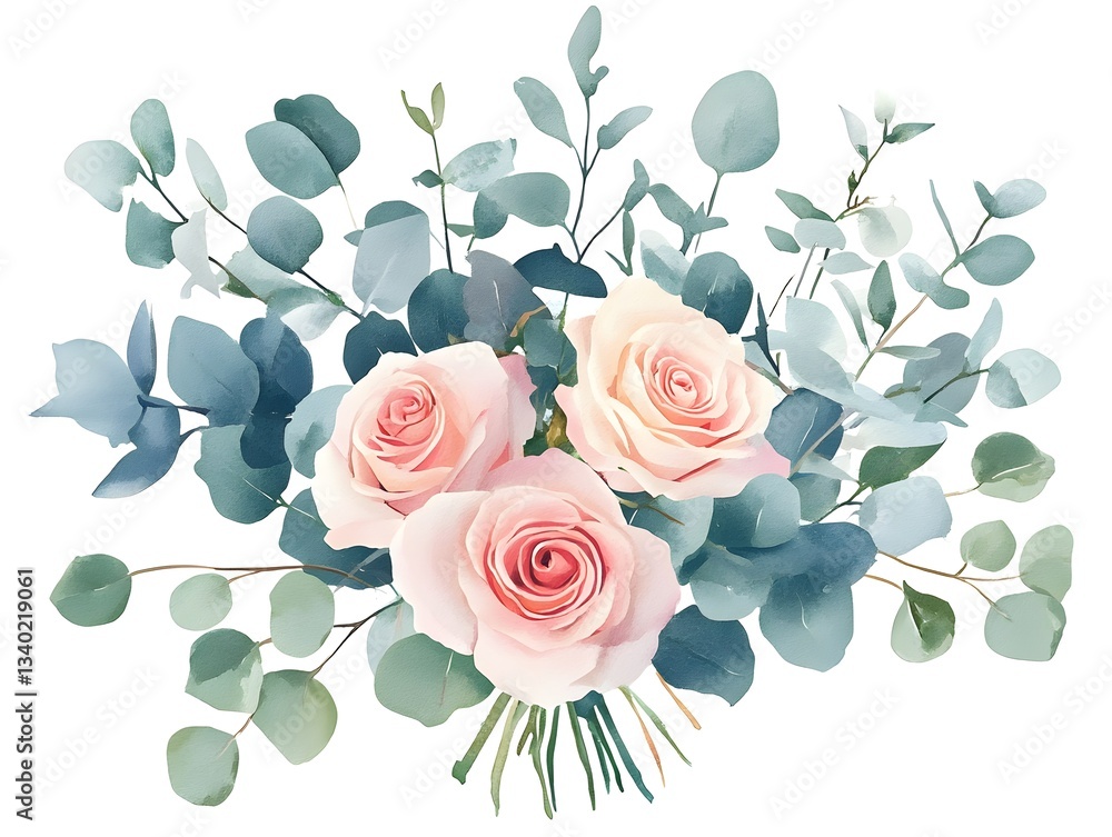 Fototapeta premium Elegant Blush Pink Roses Eucalyptus Bouquet Watercolor Illustration